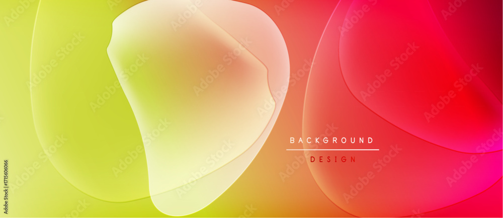 Poster abstract fluid shapes blend yellow, orange, red hues. gradient colors create dynamic visual effect. 