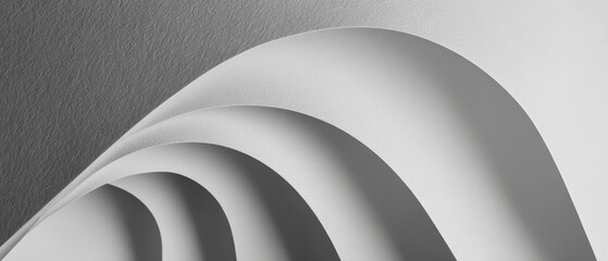 A grayscale photograph showcases layered paper arcs creating an abstract, textured, and minimalist composition with subtle shadows and curvature.