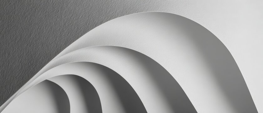 A grayscale photograph showcases layered paper arcs creating an abstract, textured, and minimalist composition with subtle shadows and curvature.