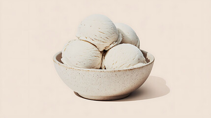 A ceramic bowl filled with perfectly rounded almond milk ice cream scoops, smooth and creamy with a light off-white hue, set on a pale beige background with soft shadows,