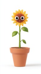 Obraz premium Halloween Cartoon Face Sunflower Pot Illustration, Whimsical Plant Container with Expressive Design for Holiday Decor and Gardening Themes 