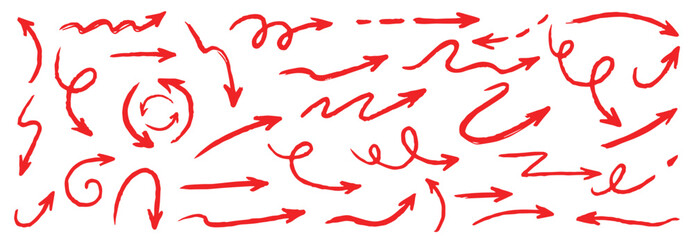 Arrow crayon brush doodle chalk red line stroke. Sketch pencil texture line scribble red arrow icon. Hand drawn grunge crayon brush sketch direction element set. Vector illustration

