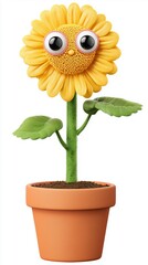 Obraz premium Halloween Cartoon Face Sunflower Pot Illustration, Whimsical Plant Container with Expressive Design for Holiday Decor and Gardening Themes 