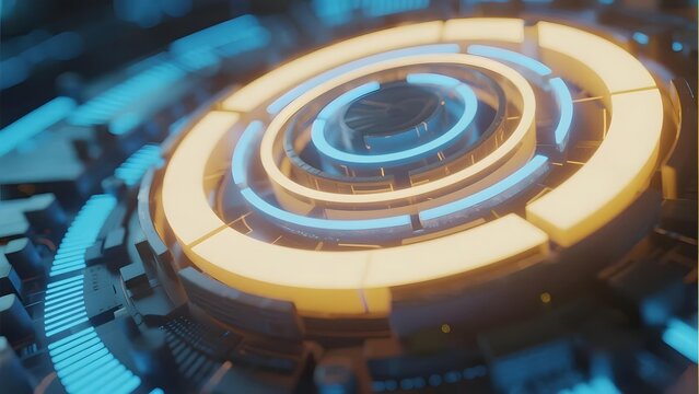 Futuristic circular interface with glowing rings and high-tech design elements