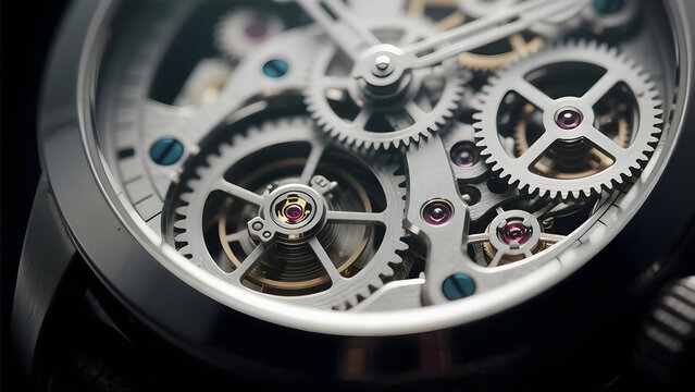 Intricate clockwork mechanism of a watch with visible gears and ruby bearings showcasing
