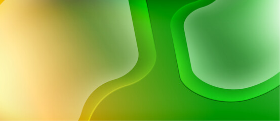 Abstract background features flowing shapes, gradients from yellow to green. Smooth curves create dynamic visual effect. Modern design.