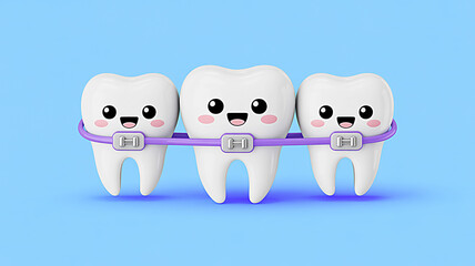 Fototapeta premium A 3D rendered illustration of three cute cartoon teeth with smiling faces wearing purple orthodontic braces against a clean blue background