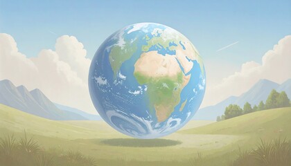 Earth hovering over a grassy plain