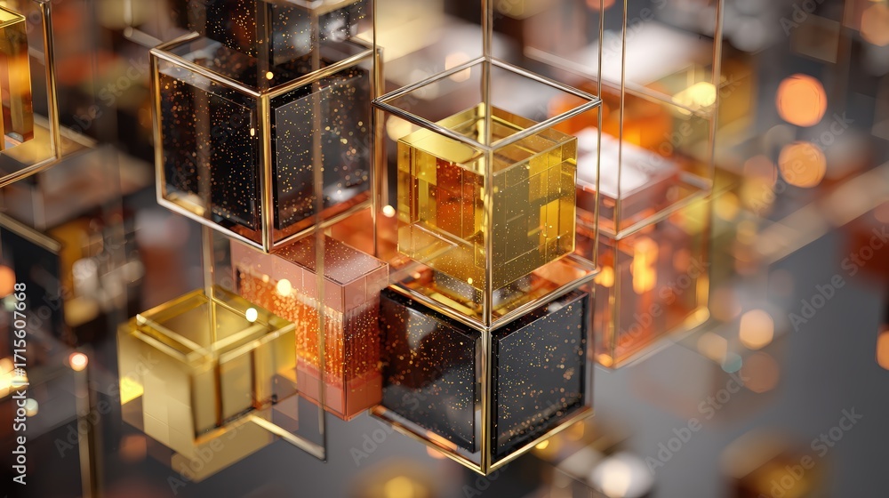 Poster abstract composition of transparent and solid metallic cubes interconnected with golden wires creati