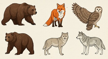 Majestic forest animal illustrations of bears, a fox, an owl, and wolves, perfect for nature projects and educational content