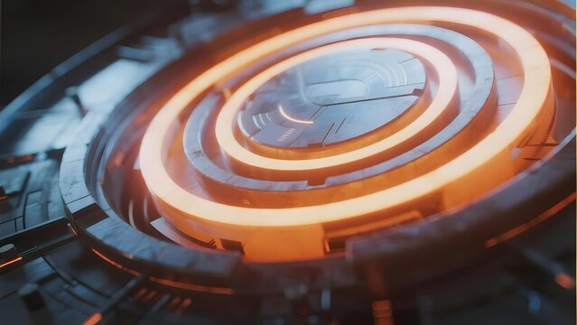 Glowing circular interface with concentric rings and futuristic design elements