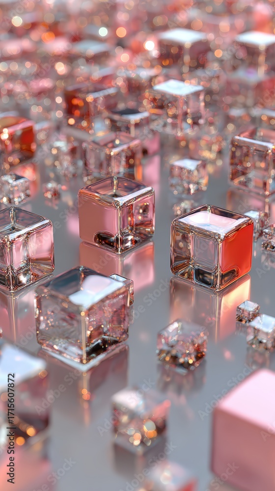 Poster an arrangement of many small clear pink cubes reflecting light on a neutral surface to create an abs