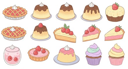 Delicious watercolor desserts collection, perfect for cafe menus, food blogs, and sweet treat designs with pies, puddings, cakes