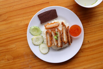 Crispy Pork and Rice Delight: A close-up shot showcases a plate of delectable crispy pork, nestled atop fragrant rice and accompanied by fresh cucumber, savory sauce, and a rich slice of chocolate.