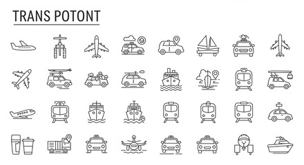 Travel and transportation icons set including planes, cars, trains, ships, boats, and more, perfect for design and commercial use