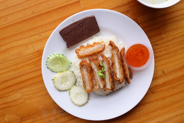 Crispy Pork and Rice Delight: A delectable plate showcases a culinary masterpiece of tender, crispy pork belly atop fragrant rice.