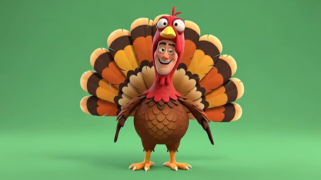 A cartoon turkey with its tail feathers fanned out against a green background