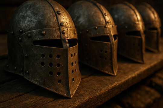 Row of Dark, Worn Medieval Helmets with Rivets on Wooden Surface - Powered by Adobe
