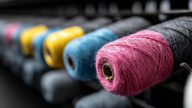Colorful spools of thread in a textile workshop showcasing craftsmanship and artistry in textile production
