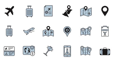 A collection of travel-themed icons including airplanes, luggage, maps, and passport stamps.