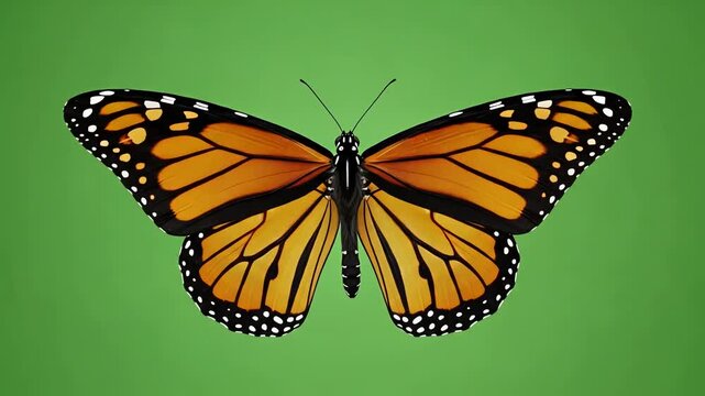 A monarch butterfly with vibrant orange and black wings is displayed against a green background