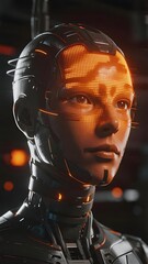 Close-up of a humanoid robot with illuminated facial display in a dark, high-tech environment