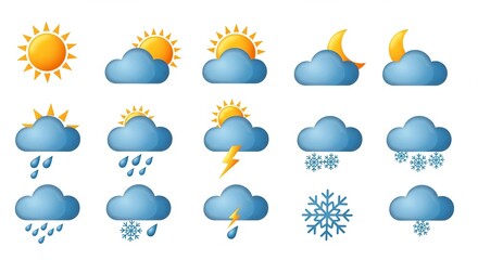 Vibrant weather icons capture diverse atmospheric conditions from sunny days to stormy nights, perfect for forecasting and design projects