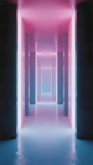 Neon-lit futuristic corridor with glowing pink and blue lights creating a symmetrical tunnel effect