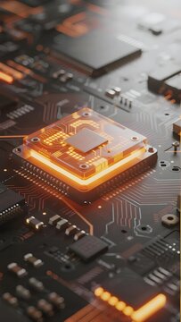 Close-up of illuminated microprocessor on circuit board with glowing orange pathways