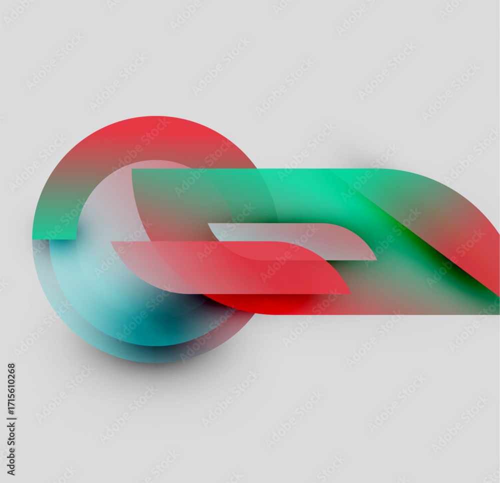 Poster abstract design features overlapping colorful shapes. red, green, teal hues blend, creating dynamic 