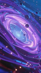 Abstract cosmic vortex with swirling purple and blue nebula, glowing particles, and floating spheres