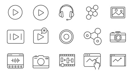 Modern collection of essential digital icons for media, communication, and analytics, perfect for web design and app development projects