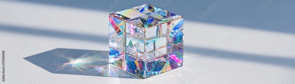 Poster a mesmerizing crystal cube refracts light, casting a complex shadow on a white surface, showcasing i