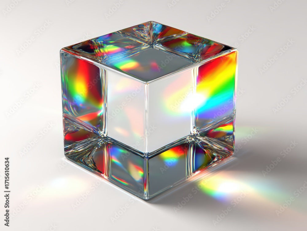 Aufkleber a clear glass cube refracts light, creating a rainbow spectrum on its surfaces and the surrounding a