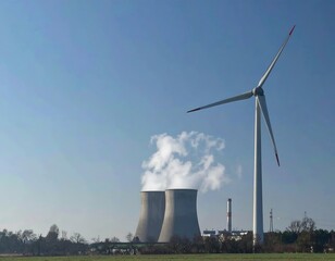 Wind turbine and power plant on a clear day