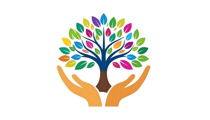 A colorful tree nurtured by protective hands, representing growth and care.
