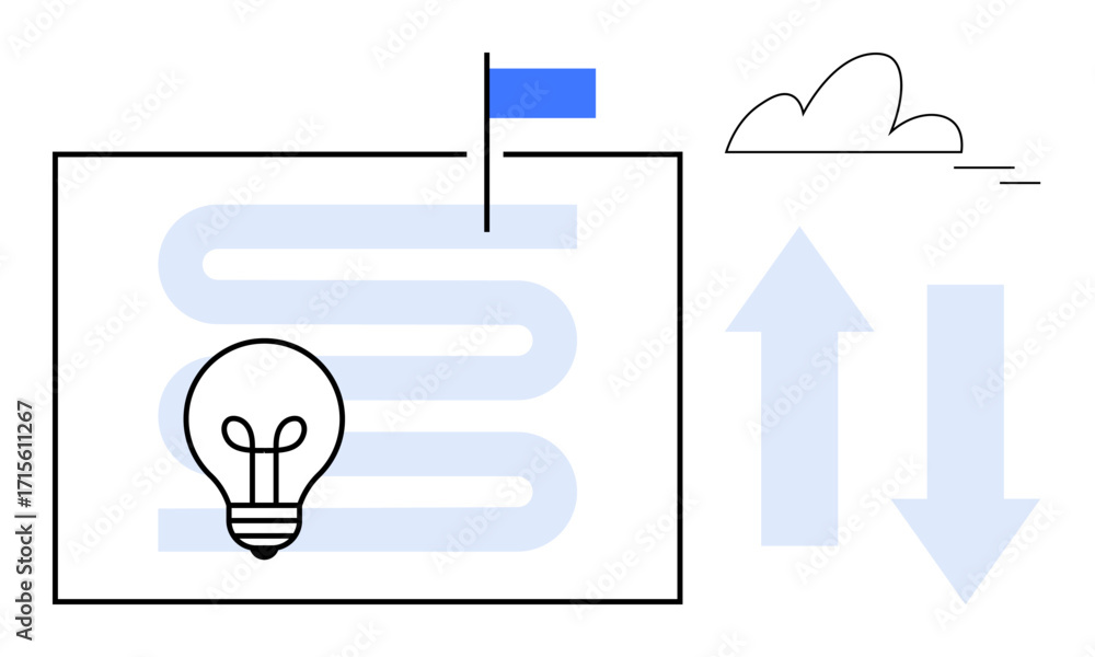 Poster lightbulb inside a winding path with a flag at the end, cloud, and up-down arrows. ideal for innovat