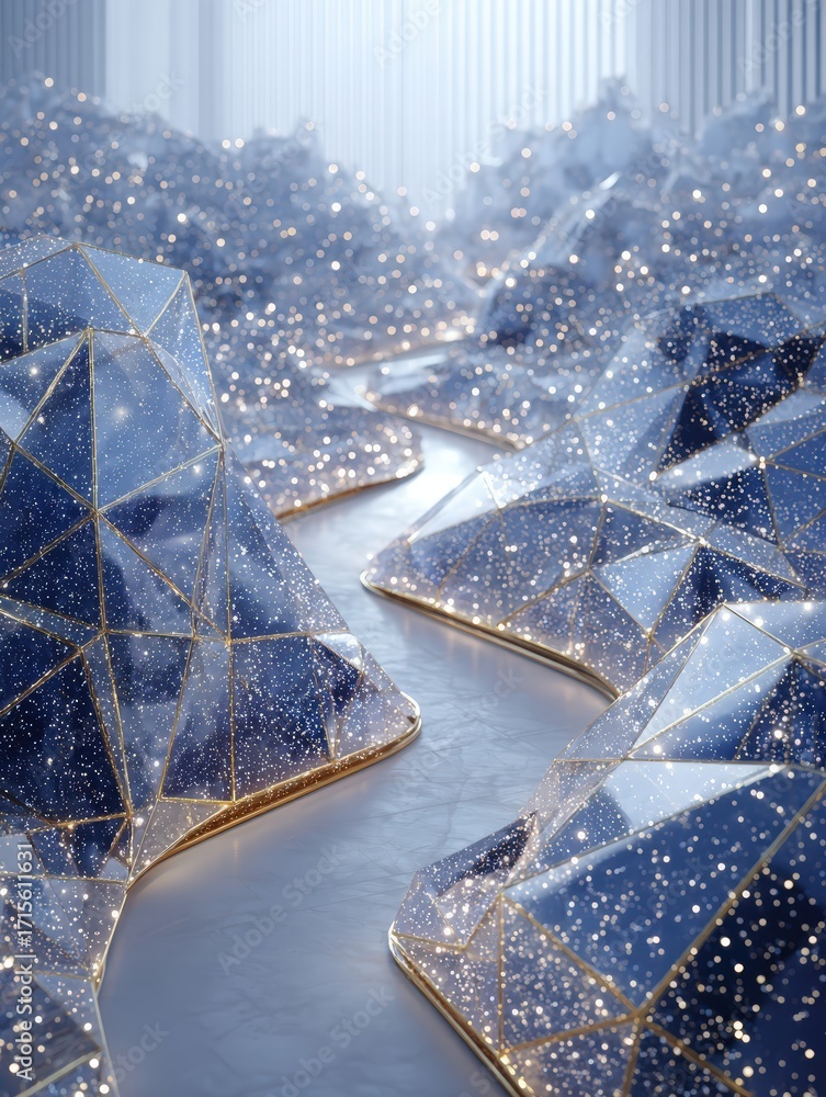Poster abstract landscape with icy geometric peaks and sparkling details creating a surreal and mesmerizing