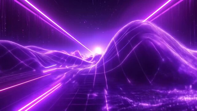 Purple Neon Landscape: Abstract Futuristic Digital World, Glowing Lines, Space