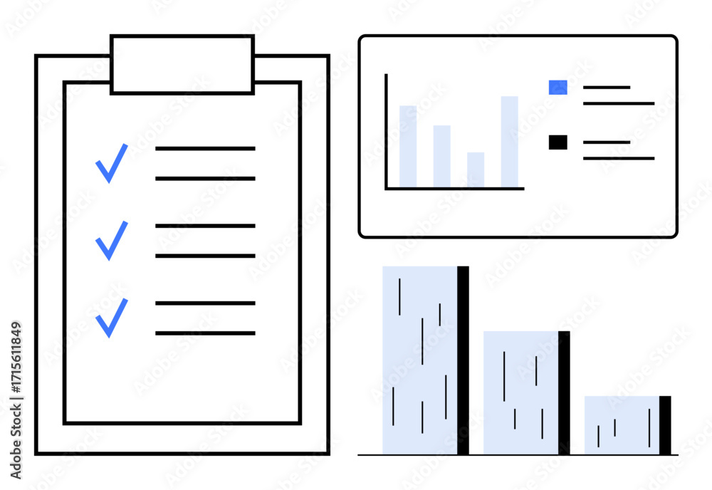 Poster checklist with blue ticks, bar graph, and data chart for organization, analytics, task planning, rep