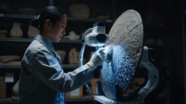 In a quiet museum workshop, a dedicated restorer carefully examines an ancient artifact under a bright light, showcasing the intricate details. The atmosphere is filled with history and craftsmanship.