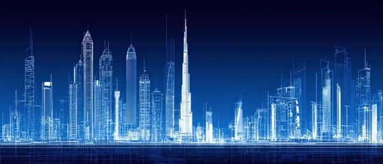 Fototapeta premium An ethereal futuristic skyline of a city emerges in a glow of blue light, highlighting modern architecture and urban development designs.