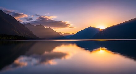Golden Sunrise over Tranquil Lake Reflecting Distant Mountains and Sun Rays