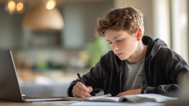 Boy writing notes in a book while studying online with a laptop