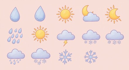 Charming weather icons capture sun, rain, clouds, lightning, moon, and snowflakes with a delightful pastel aesthetic perfect for educational or playful designs