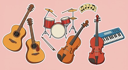 Vibrant collection of musical instruments including guitars, violins, drums, and a keyboard, perfect for creative projects and educational content.