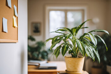 cozy office corner featuring bulletin board filled with colorful notes and blurred white text bars