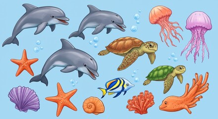 Vibrant marine life playfully swims together creating a cheerful underwater scene with dolphins, turtles, jellyfish, starfish, and colorful coral