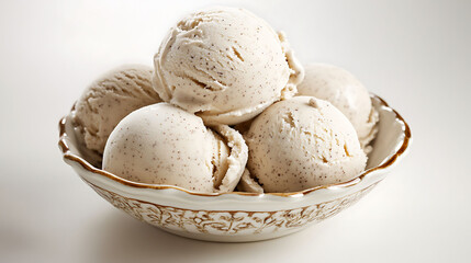 Almond milk ice cream with subtle vanilla specks in a decorative ceramic bowl, shallow depth of field and white background for clean commercial style,