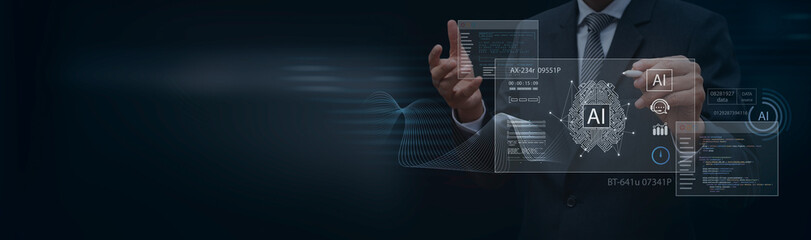 Businessman pointing at AI technology automation with futuristic digital interface, innovation icons, and artificial intelligence concept for smart solutions and future technology development